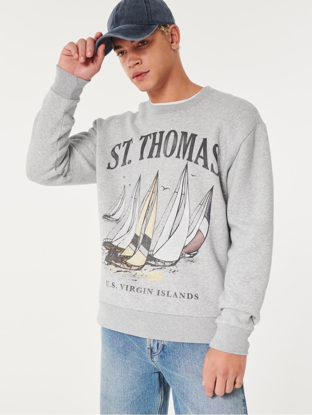 Hollister Mens M St Thomas US Virgin Islands Sailboat Graphic Sweatshirt Gray